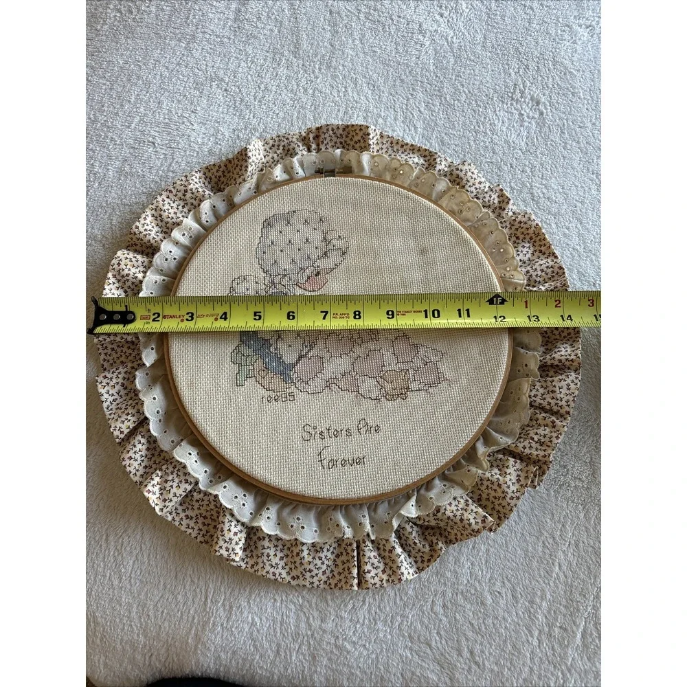 Handmade 'Sisters Are Forever' Cross-Stitch Wall Decor in Cream and Blue